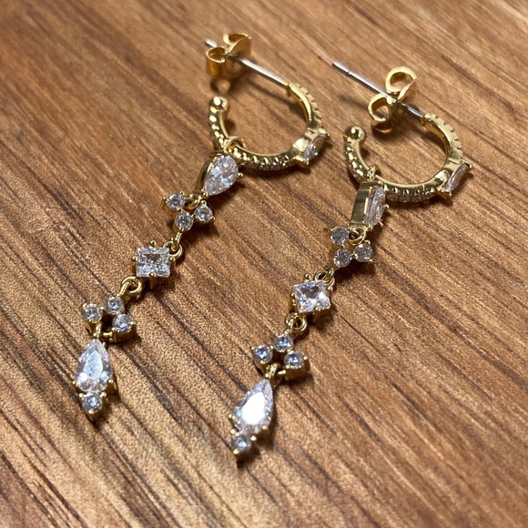 Cubic Zirconia Huggie Hoops with Long Charm - Picture 1 of 4